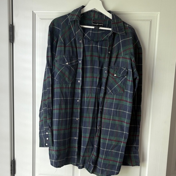 casual country Tops - Casual Country Pearl Snap Blue and Green Plaid Flannel Button-Up Shirt medium